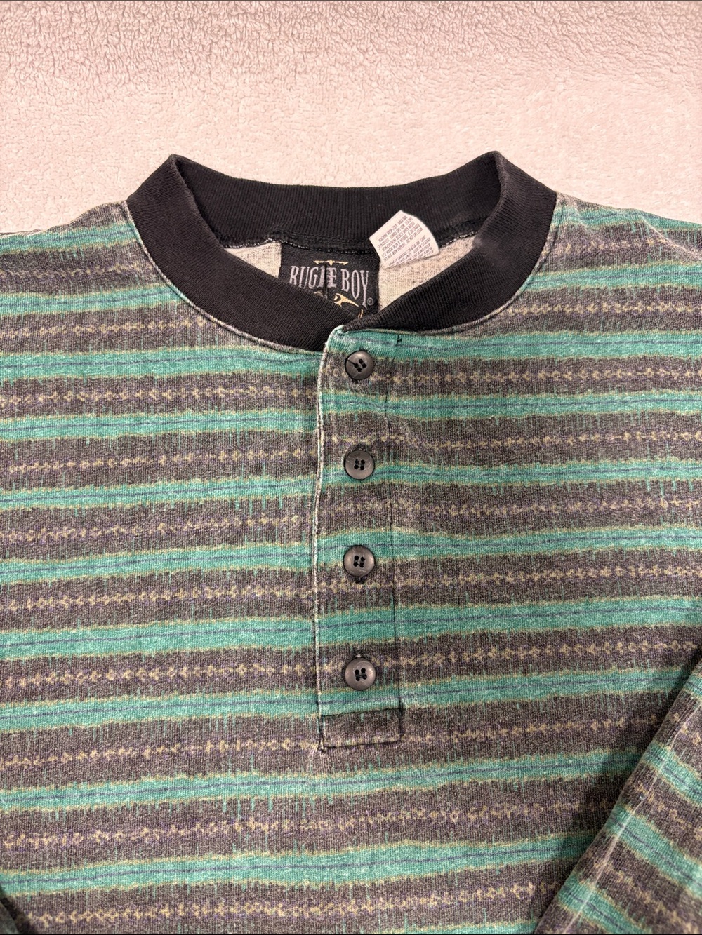 90s Vintage Bugle Boy Grandad Henley L Long Sleeve Stripe Plaid Eclectic med - Picture 2 of 8